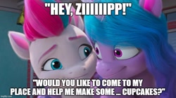 Size: 888x499 | Tagged: safe, edit, edited screencap, imported from derpibooru, screencap, izzy moonbow, zipp storm, pegasus, pony, unicorn, fanfic:cupcakes, spoiler:g5, spoiler:my little pony: make your mark chapter 2, spoiler:myms01e07, caption, context is for the weak, crazy face, derp, duo, duo female, faic, female, g5, hoof done it?, image macro, izzy's stare, looking at you, mare, meme, my little pony: make your mark, my little pony: make your mark chapter 2, smiling, stare, staring into your soul, text