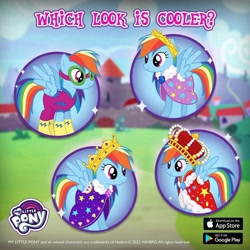 Size: 1080x1080 | Tagged: safe, imported from derpibooru, rainbow dash, pegasus, pony, apple (company), brooch, cape, clothes, crown, dress, gameloft, goggles, google, jewelry, multeity, my little pony logo, my little pony: magic princess, official, rainbow dash always dresses in style, regalia