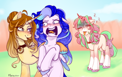 Size: 1800x1128 | Tagged: safe, artist:maeveadair, imported from derpibooru, oc, oc only, oc:rori, alicorn, pegasus, pony, unicorn, blushing, colored wings, ethereal mane, female, flirting, flustered, jewelry, mare, multicolored hair, multicolored mane, multicolored wings, necklace, sleepy, starry mane, tongue out, unshorn fetlocks, wings