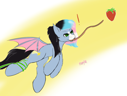 Size: 1150x875 | Tagged: safe, artist:aelflonra, imported from derpibooru, oc, oc only, oc:starskipper, bat pony, pony, food, long tongue, solo, strawberry, tongue out