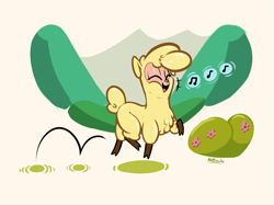 Size: 1663x1247 | Tagged: safe, artist:nottrevbe, imported from derpibooru, alpaca, them's fightin' herds, bush, cloven hooves, community related, cute, eyes closed, female, hill, hopping, open mouth, paprika (tfh), paprikadorable, singing, smol, solo, trotting