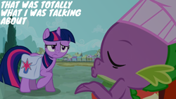 Size: 1280x720 | Tagged: safe, edit, edited screencap, editor:quoterific, imported from derpibooru, screencap, spike, twilight sparkle, unicorn, just for sidekicks, bag, friendship express, locomotive, saddle bag, steam locomotive, train, unicorn twilight