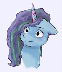 Size: 841x976 | Tagged: safe, artist:smirk, imported from derpibooru, pony, unicorn, bust, floppy ears, freckles, g5, misty brightdawn, simple background, solo