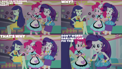 Size: 4400x2475 | Tagged: safe, edit, edited screencap, editor:quoterific, imported from derpibooru, screencap, blueberry cake, pinkie pie, rarity, human, equestria girls, equestria girls series, pinkie pie: snack psychic, fall formal outfits, rarity peplum dress