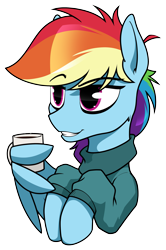 Size: 1865x2806 | Tagged: safe, artist:dacaoo, imported from derpibooru, rainbow dash, pegasus, pony, chocolate, clothes, cup, food, hot chocolate, simple background, solo, sweater, transparent background, wing hands, wing hold, wings