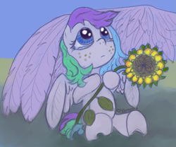 Size: 1137x946 | Tagged: safe, artist:battyboopers, artist:staremastershy, imported from derpibooru, oc, oc only, oc:amilie, pegasus, pony, crying, female, flower, freckles, pegasus oc, sad