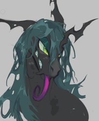 Size: 733x899 | Tagged: safe, artist:dethdaze, imported from derpibooru, queen chrysalis, changeling, changeling queen, bust, female, gray background, gritted teeth, horn, long tongue, narrowed eyes, simple background, solo, teeth, tongue out, torn ear