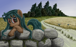 Size: 1920x1200 | Tagged: safe, artist:battyboopers, artist:staremastershy, imported from derpibooru, oc, oc only, earth pony, pony, ear fluff, earth pony oc, female, field, food, forest, oats, scenery, solo, unshorn fetlocks