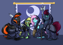 Size: 3688x2608 | Tagged: safe, artist:witchtaunter, imported from derpibooru, oc, oc:atom, oc:crafted sky, oc:lemming, oc:punch sideiron, earth pony, pegasus, pony, clothes, cult, ear fluff, female, halberd, hood, male, robe, scroll, simple background, sword, weapon