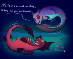 Size: 2454x2000 | Tagged: safe, artist:triksa, imported from derpibooru, oc, oc:chime, oc:chyme, fish, original species, bellyrubs, implied vore, ocean, stuffed, talking, underwater, water