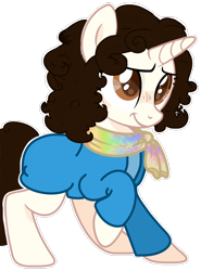 Size: 1280x1732 | Tagged: safe, artist:taeko, derpibooru exclusive, imported from derpibooru, pony, unicorn, 2021, base used, brown eyes, clothes, curly mane, curly tail, father brown (tv), female, jacket, looking offscreen, no source, outline, penelope "bunty" windermere, ponified, raised hoof, scarf, shirt, simple background, smiling, solo, tail, transparent background, white outline