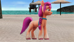 Size: 1366x768 | Tagged: safe, edit, edited screencap, imported from derpibooru, screencap, sunny starscout, earth pony, pony, spoiler:my little pony: a new generation, 3d, beach, daytime, female, g5, happy, looking right, mare, my little pony: a new generation, ocean, profile, sand, sky, solo, standing, water