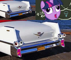 Size: 640x540 | Tagged: safe, edit, edited screencap, imported from derpibooru, screencap, twilight sparkle, alicorn, pony, best gift ever, 1950s, cadillac, caption, car, chalkboard, comparison, cursed image, derp, faic, female, image macro, irl, license plate, mare, meme, not salmon, open mouth, photo, pudding face, solo, text, trollface, twilight sparkle (alicorn), twilight sparkle is best facemaker, twilynanas, wat, why, wtf