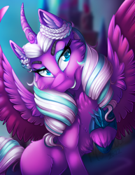 Size: 2550x3300 | Tagged: safe, artist:mychelle, imported from derpibooru, opaline arcana, alicorn, pony, spoiler:g5, spoiler:my little pony: make your mark, curved horn, eyebrows, eyeshadow, female, g5, grin, high res, horn, looking at you, makeup, mare, raised hoof, signature, smiling, smiling at you, spread wings, watermark, wings