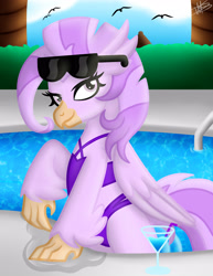 Size: 3000x3885 | Tagged: safe, artist:princessmoonsilver, imported from derpibooru, oc, oc:coral whirlwind, classical hippogriff, hippogriff, clothes, drink, drinking straw, female, hippogriff oc, smiling, solo, sunglasses, swimming pool, swimsuit