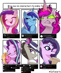 Size: 2094x2500 | Tagged: safe, artist:lummh, imported from derpibooru, amira, luster dawn, minuette, octavia melody, princess cadance, princess celestia, starlight glimmer, alicorn, earth pony, pony, saddle arabian, unicorn, six fanarts, comments, corrupted celestia, luster dawn is starlight's and sunburst's daughter, parent:starlight glimmer, parent:sunburst, parents:starburst