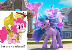 Size: 1046x726 | Tagged: safe, imported from derpibooru, screencap, izzy moonbow, pinkie pie, earth pony, pony, unicorn, spoiler:g5, spoiler:my little pony: make your mark, spoiler:my little pony: make your mark chapter 2, spoiler:myms01e08, accordion, banjo, coincidence i think not, cymbals, drums, g4, g5, glowing, glowing horn, harmonica, have you seen this dragon?, horn, magic, male, musical instrument, my little pony: make your mark, my little pony: make your mark chapter 2, one man band, reference to another series, solo, sousaphone, tambourine, telekinesis, the new pinkie pie, tuba