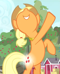 Size: 579x717 | Tagged: safe, imported from derpibooru, screencap, applejack, earth pony, pony, magical mystery cure, bipedal, cropped, glowing cutie mark, smiling, solo