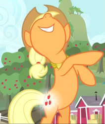 Size: 597x703 | Tagged: safe, imported from derpibooru, screencap, applejack, earth pony, pony, magical mystery cure, bipedal, cropped, glowing cutie mark, smiling, solo