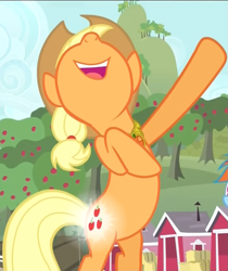 Size: 605x721 | Tagged: safe, imported from derpibooru, screencap, applejack, earth pony, pony, magical mystery cure, bipedal, cropped, element of honesty, glowing cutie mark, open mouth, solo