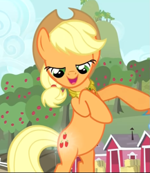 Size: 615x710 | Tagged: safe, imported from derpibooru, screencap, applejack, earth pony, pony, magical mystery cure, bipedal, cropped, element of honesty, glowing cutie mark, lidded eyes, mid-blink screencap, open mouth, smiling, solo