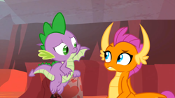 Size: 1600x898 | Tagged: safe, imported from derpibooru, screencap, smolder, spike, dragon, sweet and smoky, dragoness, duo, female, male, raised eyebrow, winged spike, wings