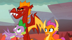 Size: 1600x898 | Tagged: safe, imported from derpibooru, screencap, garble, smolder, spike, dragon, sweet and smoky, brother and sister, dragoness, female, flying, male, siblings, trio, winged spike, wings