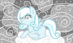 Size: 512x307 | Tagged: safe, artist:wingedwolf94, oc, oc only, oc:snowdrop, pegasus, pony, cloud, cloudy, cute, female, filly, ocbetes, prone, smiling, snow, snowbetes, snowfall