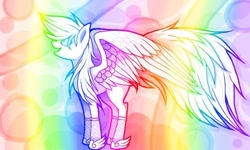 Size: 512x307 | Tagged: safe, artist:wingedwolf94, rainbow dash, abstract background, hoof shoes, long tail, looking up, open mouth, profile, rainbow, smiling