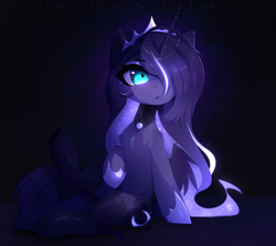 Size: 2302x2052 | Tagged: safe, artist:magnaluna, deleted from derpibooru, imported from derpibooru, princess luna, alicorn, pony, banned from derpibooru, chest fluff, clothes, crown, hair over one eye, high res, hoof shoes, jewelry, looking at you, regalia, socks, solo, stockings, thigh highs