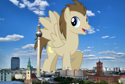 Size: 1920x1300 | Tagged: safe, artist:chainchomp2 edits, artist:jaredking779, edit, imported from derpibooru, crescent pony, mane moon, pegasus, pony, background pony, berlin, germany, giant pegasus, giant pony, highrise ponies, irl, looking at you, macro, male, mega giant, open mouth, photo, ponies in real life, smiling, solo, spread wings, stallion, wings