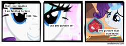 Size: 720x261 | Tagged: safe, edit, edited screencap, imported from ponybooru, screencap, rarity, unicorn, secret of my excess, a softer world, bronybait, comic, female, fire ruby, gem, lidded eyes, looking at you, magic, mare, ruby, screencap comic, smiling, smiling at you, solo, telekinesis