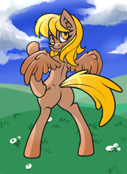 Size: 800x1100 | Tagged: safe, artist:ultrahurtman, imported from derpibooru, oc, oc only, oc:honey dip, pegasus, pony, art trade, bipedal, blush sticker, blushing, butt, cloud, ear fluff, female, field, grass, grass field, hoof on hip, looking back, mare, outdoors, plot, rear view, smiling, solo, spread wings, wings