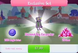 Size: 1267x861 | Tagged: safe, idw, imported from derpibooru, diamond dog, bundle, choker, clothes, collar, costs real money, dog collar, english, gameloft, gem, green eyes, idw showified, magic coins, male, my little pony: magic princess, official, pocket, sale, solo, solo focus, text, unnamed character, unnamed diamond dog, vest