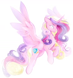 Size: 1568x1665 | Tagged: safe, artist:damayantiarts, imported from derpibooru, princess cadance, alicorn, pony, curved horn, flying, glowing, glowing eyes, horn, solo, sparkles, spread wings, wings