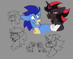 Size: 1220x1000 | Tagged: safe, artist:rockin_candies, imported from derpibooru, earth pony, pony, unicorn, chest fluff, open mouth, open smile, ponified, shadow the hedgehog, sketch, smiling, sonic the hedgehog, sonic the hedgehog (series), unamused