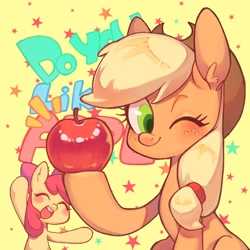 Size: 2600x2600 | Tagged: safe, artist:ikirunosindo, imported from derpibooru, apple bloom, applejack, earth pony, pony, adorabloom, apple, blushing, cute, duo, ear fluff, female, filly, foal, food, freckles, jackabetes, looking at you, mare, one eye closed, simple background, sparkles, wink, winking at you