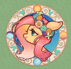 Size: 2976x2904 | Tagged: safe, artist:ikirunosindo, imported from derpibooru, fluttershy, pegasus, pony, bust, female, floral head wreath, flower, lidded eyes, mare, profile, smiling, solo
