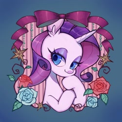 Size: 3000x3000 | Tagged: safe, artist:ikirunosindo, imported from derpibooru, rarity, pony, unicorn, bow, flower, lidded eyes, looking at you, rose, smiling, smiling at you, solo