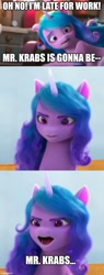 Size: 500x1316 | Tagged: safe, edit, edited screencap, editor:professorventurer, imported from derpibooru, screencap, izzy moonbow, pony, unicorn, spoiler:my little pony: make your mark, spoiler:my little pony: make your mark chapter 2, spoiler:myms01e05, comic, g5, implied mr krabs, my little pony: make your mark, my little pony: make your mark chapter 2, screencap comic, spongebob squarepants, the cutie mark mix-up, the spongebob squarepants movie