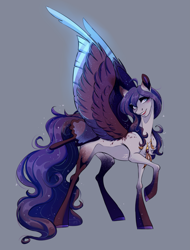 Size: 2537x3333 | Tagged: safe, artist:1an1, imported from derpibooru, oc, oc only, oc:elysia, pegasus, pony, blushing, colored wings, female, gray background, high res, mare, multicolored wings, open mouth, open smile, pegasus oc, raised hoof, simple background, slim, smiling, solo, spread wings, wings