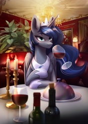 Size: 1447x2039 | Tagged: safe, artist:glumarkoj, imported from derpibooru, princess luna, alicorn, pony, alcohol, blushing, bottle, candle, chest fluff, date, dinner, female, horn, looking at you, mare, offscreen character, pov, restaurant, solo, sweet dreams fuel, wine, wine bottle, wineglass, wings