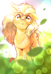 Size: 1152x1668 | Tagged: safe, artist:kurogewapony, imported from derpibooru, applejack, earth pony, pony, apple, cute, female, food, hatless, jackabetes, lens flare, looking at you, loose hair, mare, missing accessory, smiling, smiling at you, solo