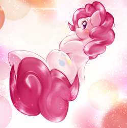 Size: 1901x1906 | Tagged: safe, artist:kurogewapony, imported from derpibooru, pinkie pie, earth pony, pony, abstract background, blushing, cute, diapinkes, female, looking at you, looking back, looking back at you, mare, solo, underhoof