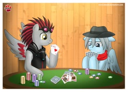 Size: 400x288 | Tagged: safe, artist:shinn3, imported from derpibooru, oc, oc only, pegasus, bandana, comic, cowboy hat, dexterous hooves, digital art, duo, goggles on head, hat, lowres, male, pegasus oc, poker, poker chips, spread wings, stallion, wings