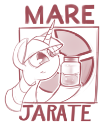 Size: 743x886 | Tagged: safe, artist:applepost67, imported from derpibooru, twilight sparkle, pony, unicorn, bust, female, hoof hold, jar, jarate, mare, monochrome, pee in container, simple background, smiling, solo, team fortress 2, text, twilight sniper, urine, white background