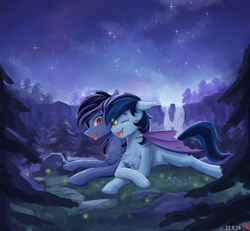 Size: 2700x2500 | Tagged: safe, artist:月下枫林, imported from derpibooru, oc, oc only, oc:wwhbrony, oc:梓虚无忧, bat pony, earth pony, grass, lying down, male, night, open mouth, shipping