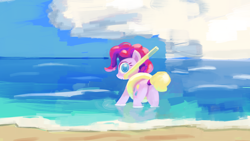 Size: 1080x608 | Tagged: artist needed, safe, imported from derpibooru, pinkie pie, earth pony, pony, beach, butt, cloud, cropped, hat, inflatable, looking at you, ocean, plot, sky, snorkel, solo, swimming, swimming cap, water