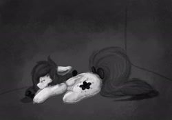 Size: 2048x1423 | Tagged: safe, artist:mscolorsplash, imported from derpibooru, oc, oc only, oc:color splash, pegasus, pony, floppy ears, grayscale, lying down, monochrome, prone, solo