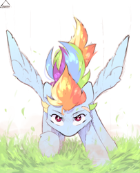Size: 940x1160 | Tagged: safe, artist:glazirka, imported from derpibooru, rainbow dash, pegasus, pony, action pose, bandaid, female, grass, mare, simple background, solo, spread wings, wings